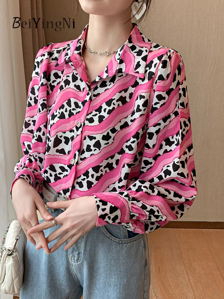 Beiyingni 2024 New Fashion Leopard Print Blusas for Woman Streetwear Casual Chiffon Buttons Pink Shirts Women Vintage Blouse Top