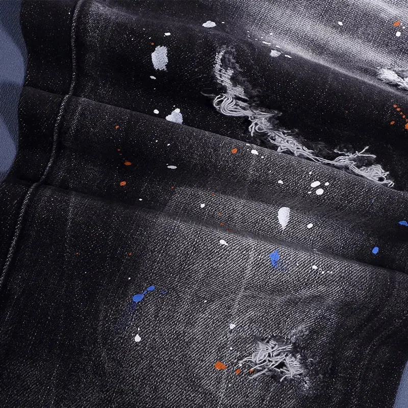 Men Black Streaky Whisker Wash White Paint Splatter Distressed Scratch Stretch Skinny Denim Jeans Hip‑Hop Streetwear Denim Jeans