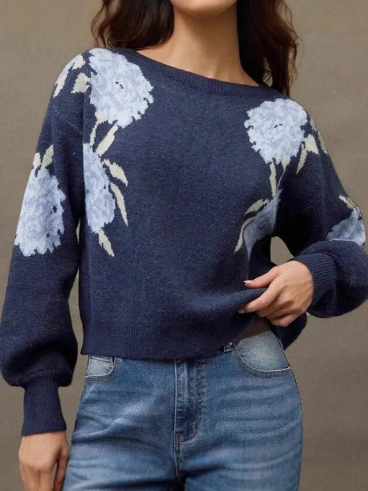 

Lady Casual Knit Sweater Fashion Print O Neck Long Sleeve Pullovers Sweaters Tops For Women Holiday Streetwear Clothes Winter
