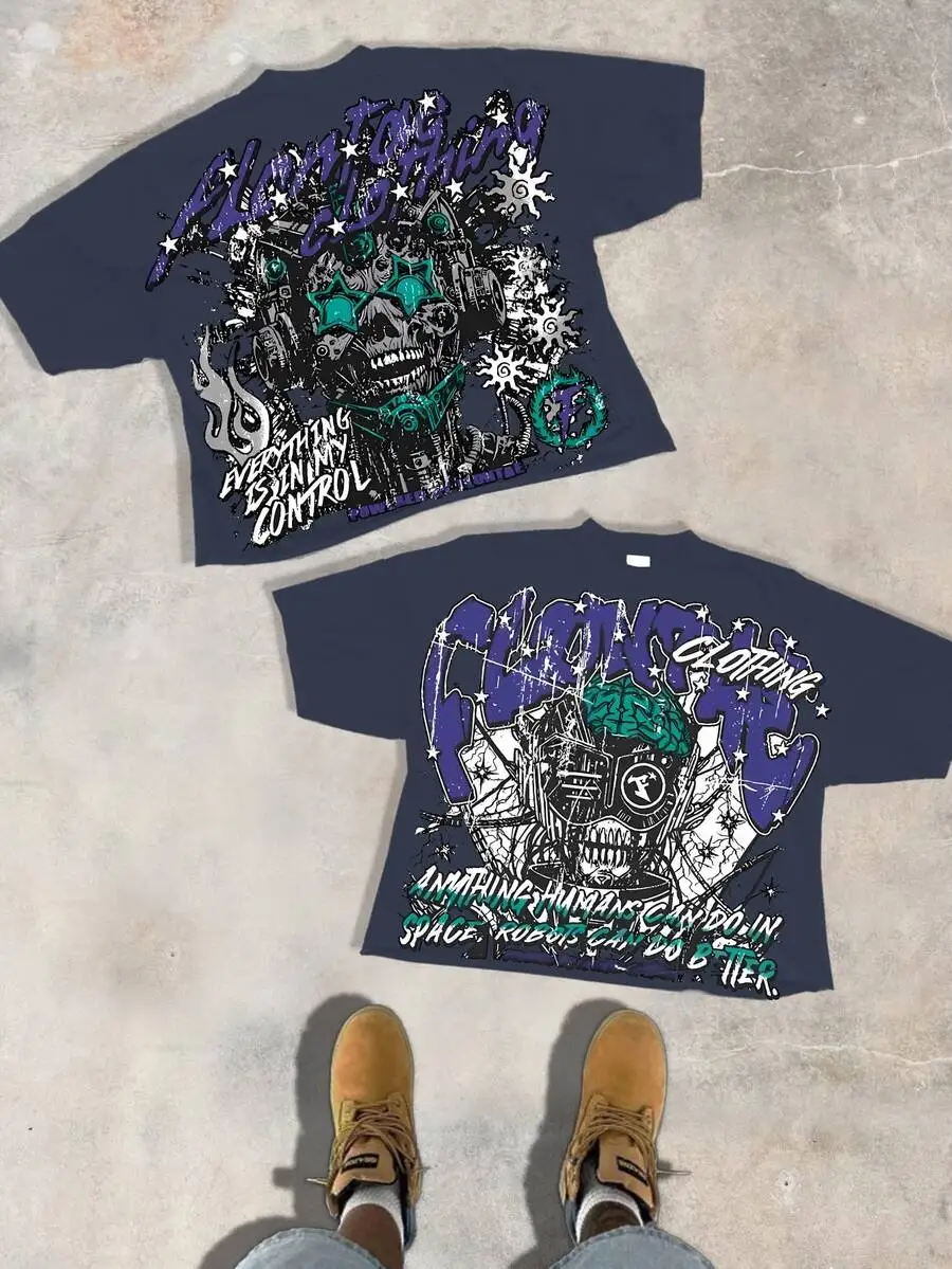

Cyberpunk Skull And Brain Graphic Print Cotton Tee For Men And Women