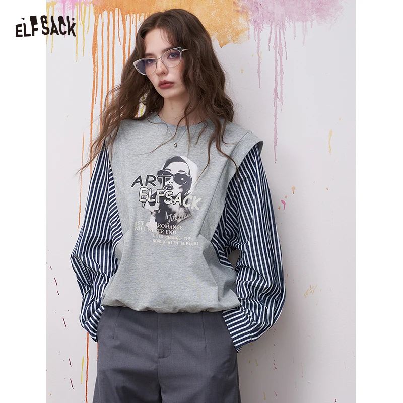 

ELFSACK Women's Fake Two Piece T-Shirt with Graphic Art Print, Preppy Striped Sleeve Tee for Daily, Casual Oversized Tops