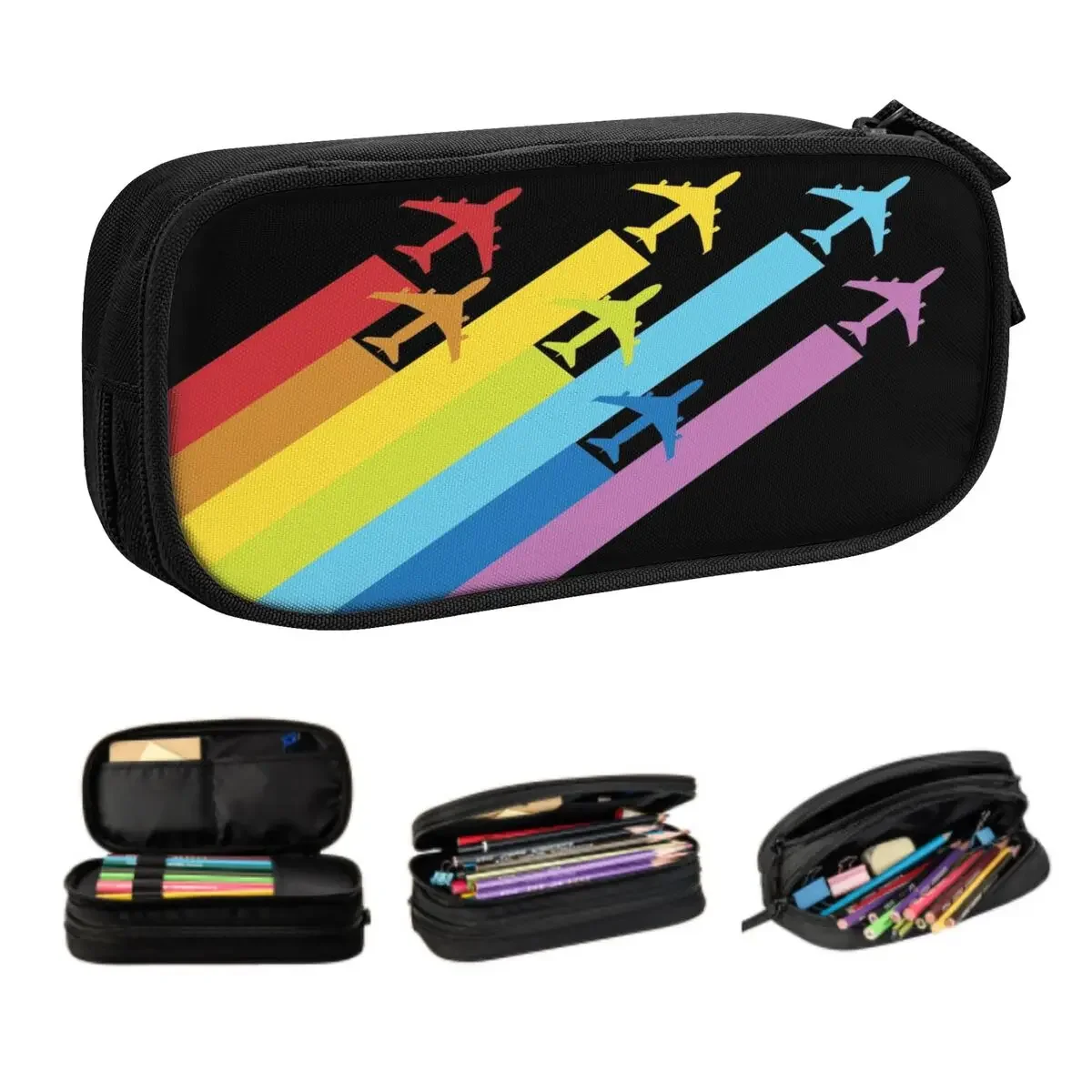 

Custom Rainbow Airplanes Chemtrails Pencil Cases for Girl Boy Large Storage Aviation Fighter Pilot Pen Bag Box School Supplies