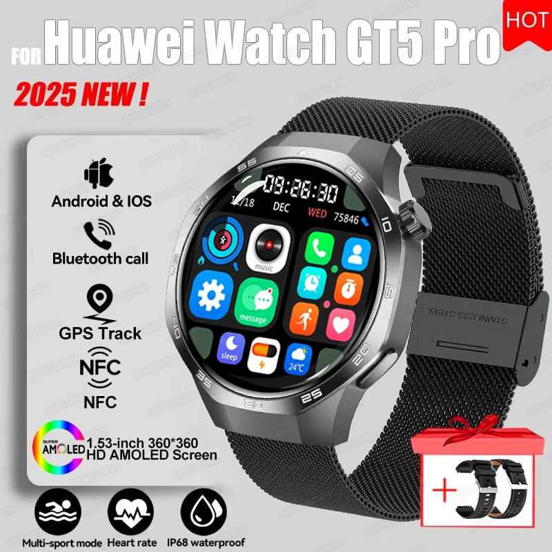 2025 For HUAWEI GT5 Pro GPS Track Smart Watch Men 360*360 AMOLED Screen NFC BT Call Waterproof Health Monitor Man Smartwatches