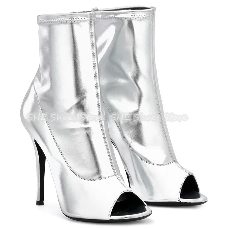 

Sexy Peep Toe High Heel Women Strecth Boots High Quality Slip-On Pleated Summer Cool Boots Ladies Dance Party Dress Shoes