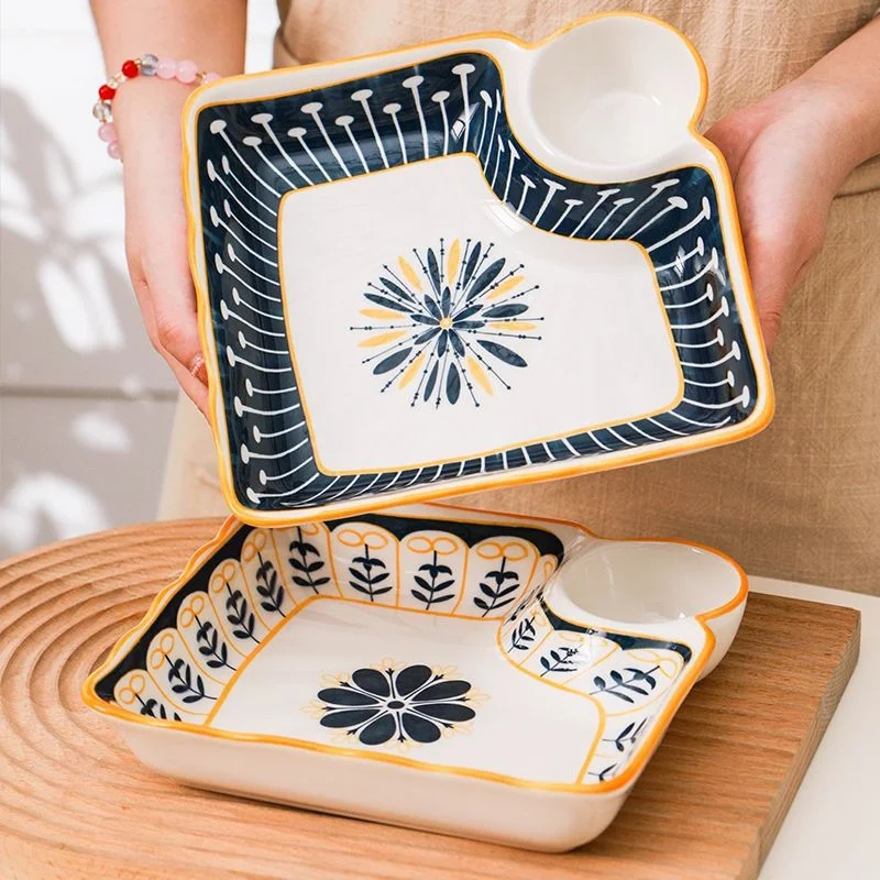 Ceramic Plate Japanese Sushi Platter Dumpling Plate With Dipping Saucer Snack Salad Fruit French Fries Tray Kitchen Accessories