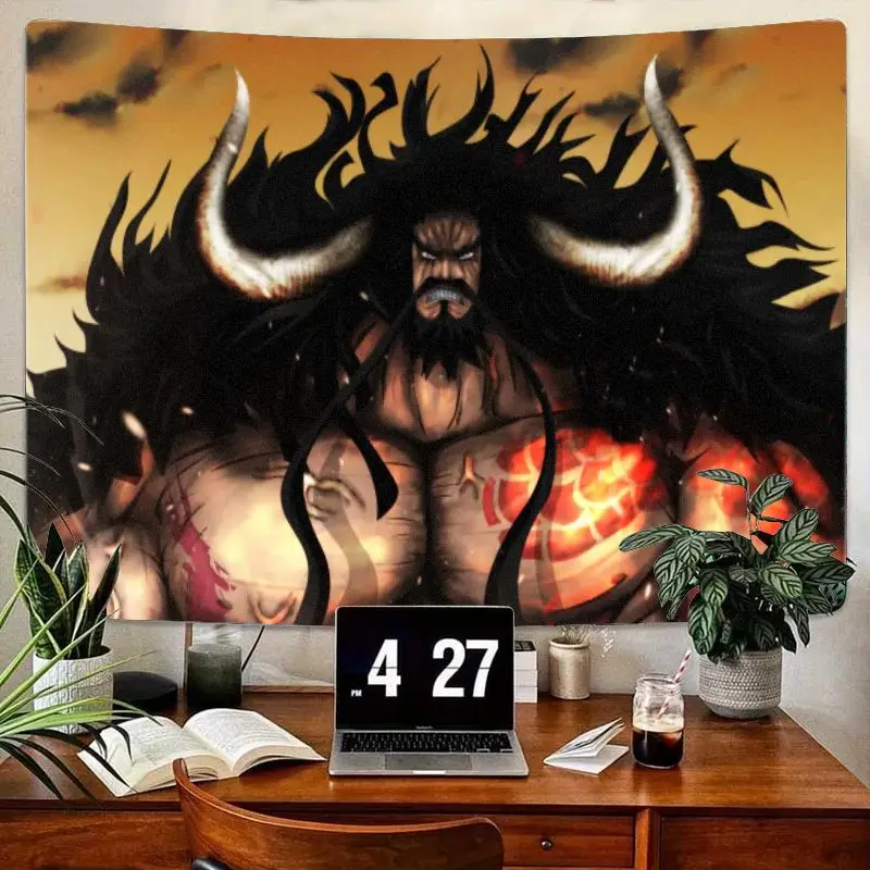 Tapiz de guerrero con cerrojo de toro de Anime, personaje musculoso con pelo negro y marcas en el pecho de color rojo y naranja, respaldo de nubes oscuras de cielo de fuego, 1 ud.