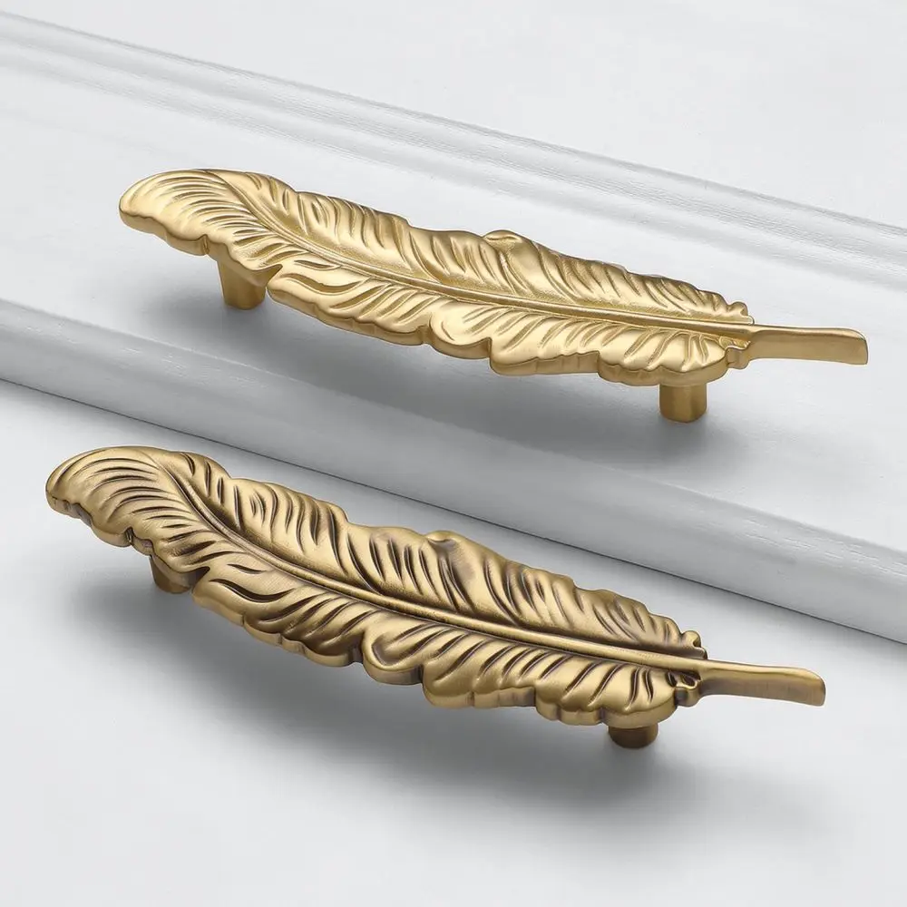 Artistic Feather Cabinet Handle Gold Brass Furniture Pulls Modern Decorative Drawer Knobs For Kitchen Cupboard Wardrobe Door