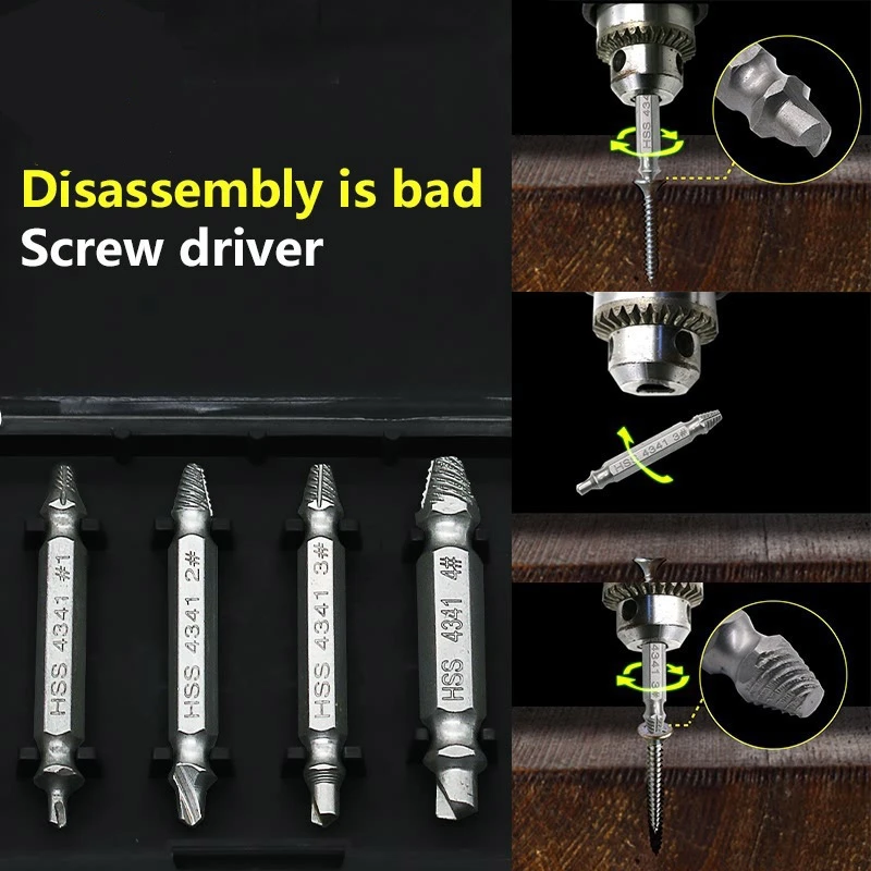 4Pcs HSS 4341 Damaged Screw Extractor Set High Speed Steel Broken Bolt Remover Drill Bits Stripped Screw Removal Tool Kit