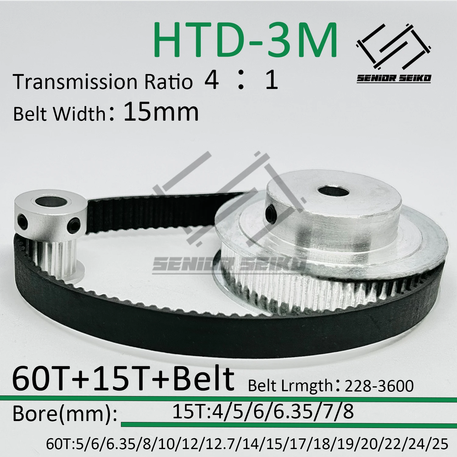 HTD3M 60 zębów 15T 15 zębów 60T Zestaw paska zębatego rozrządu Szerokość paska 15 mm Otwór 4 ~ 25 mm Redukcja 4:1 Zestaw koła synchronicznego 3M
