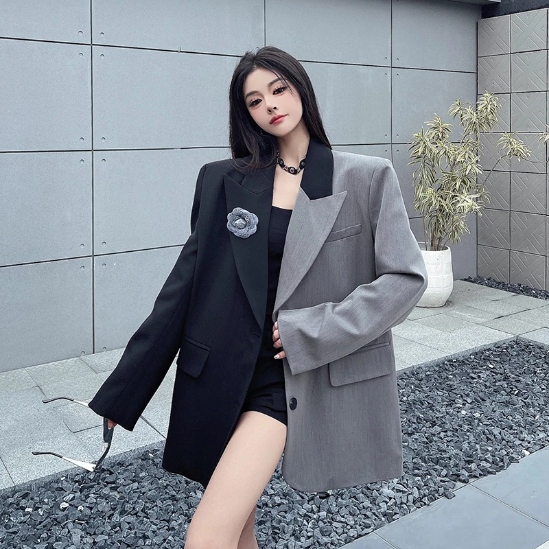 سترة أنيقة للسيدات موضة كبيرة الحجم مرقعة سترة كورية بأكمام طويلة للتنقل معطف مكتب للسيدات ملابس خارجية أنيقة غير رسمية