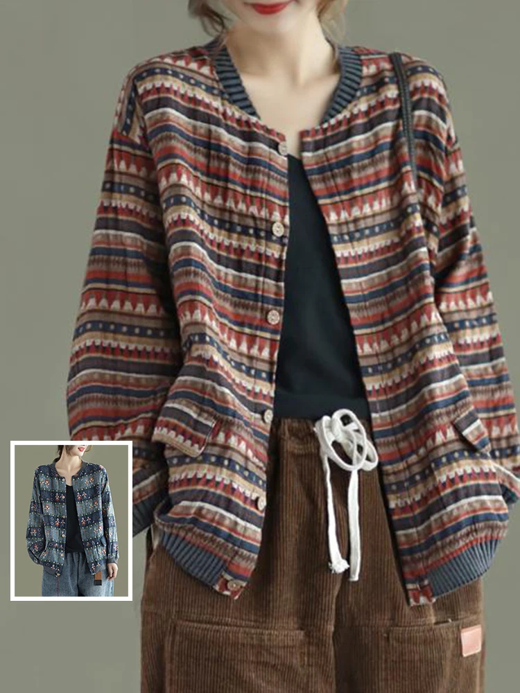 

Retro Striped Print Cotton Linen ort Jaet Large Size Women's Casual Long Sve Stand Collar Versatile Baseball Sle Top