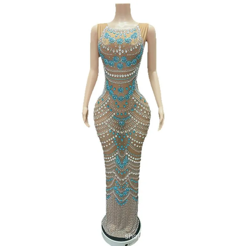 

Роскошное перламутровое синее стразы, элегантное обнаженное темпераментное платье с высокой прозрачностью, коктейльное вечернее платье, модель подиума