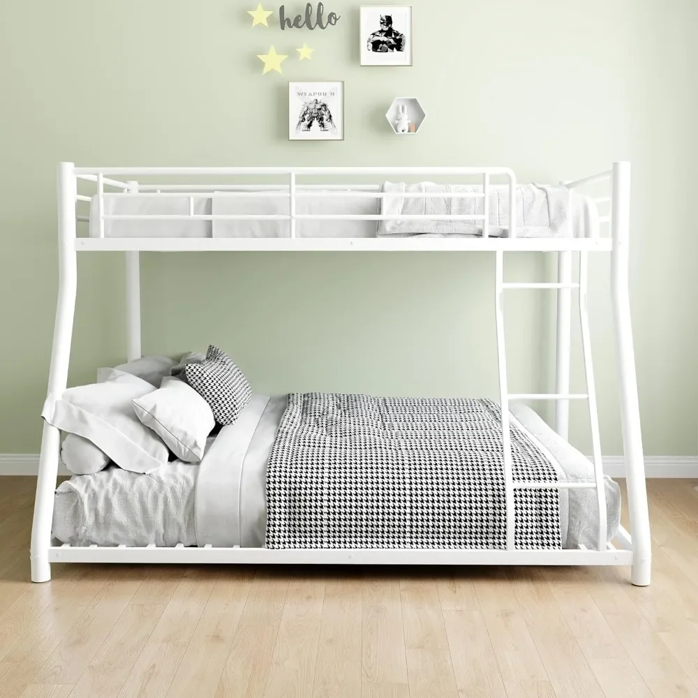 Metal Twin Over Full Size Bunk Bed with Removable Stairs, Heavy Duty Frame, 12" Under-Bed Storage, No Box Spring Needed, White