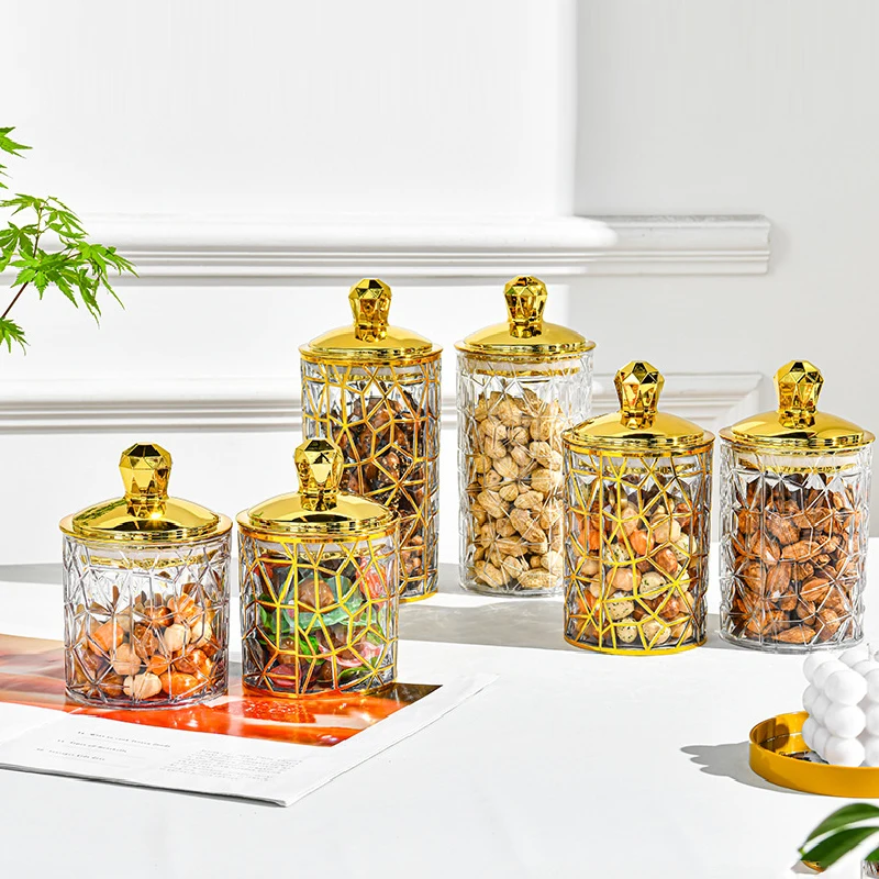 Gold-plated Transparent Plastic Storage Jar Candy Jar Snacks Sealed Jar with Lid Dried Fruit Storage Box Kitchen Storage Tools