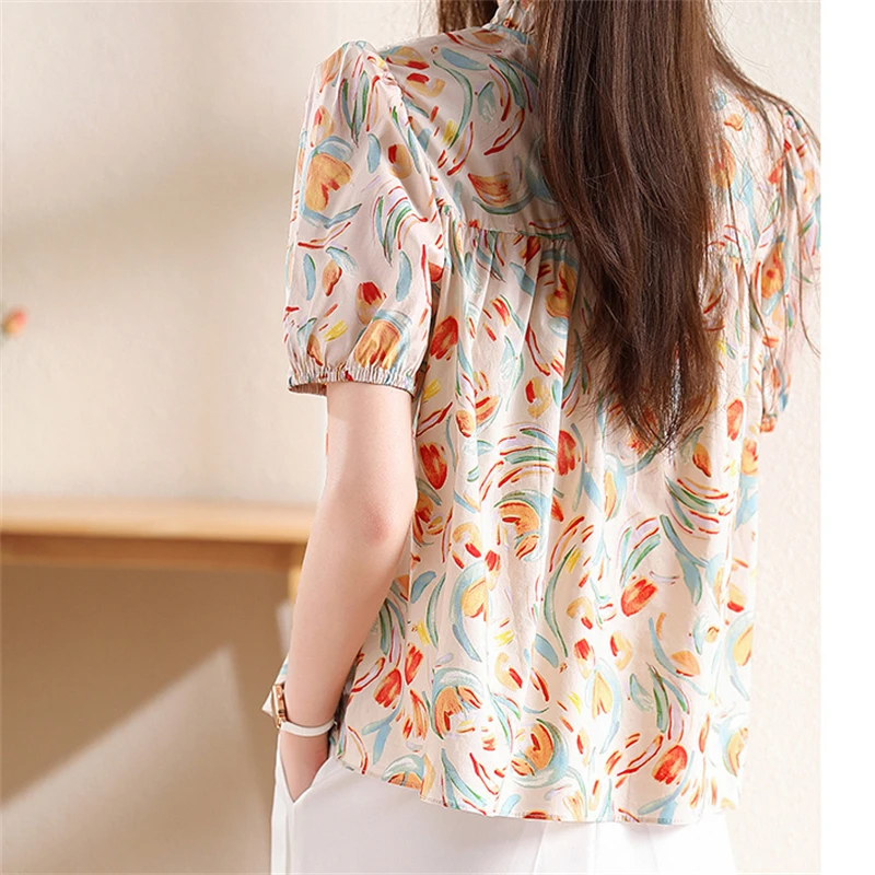 Women Stylish Print Ruffle Sweet Blouses Summer Elegant Chic Short Sleeve Shirts Casual O Neck Loose Tops Blusas Para Mujer 2024