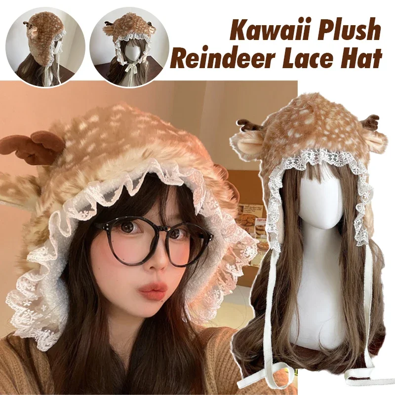 

Cute Women Winter Deer Hat Faux Fur Lace Plush Reindeer Furry Boots Socks Cover Cap Leg Warmers Costume Bomber Hats Christmas