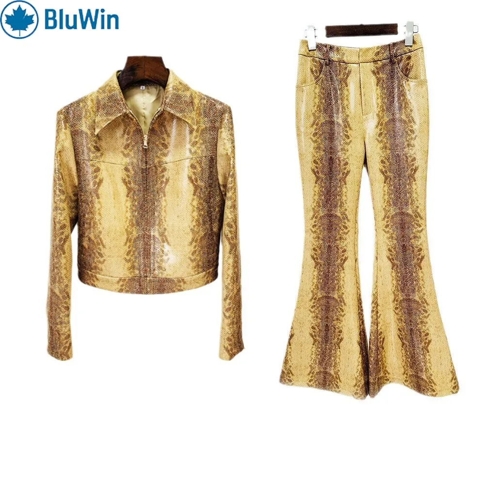 

BluWin Snake Print Suit Women Two Piece Set Single Button Jacket and Flared Pants Metallic Gold