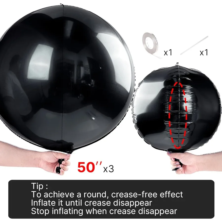 Schwarze Folienballons 3 Stück 50 Zoll große runde Folie Big Giant Orbz 4D Jumbo aufblasbare Spiegelkugel Mylar-Luftballons für Halloween G