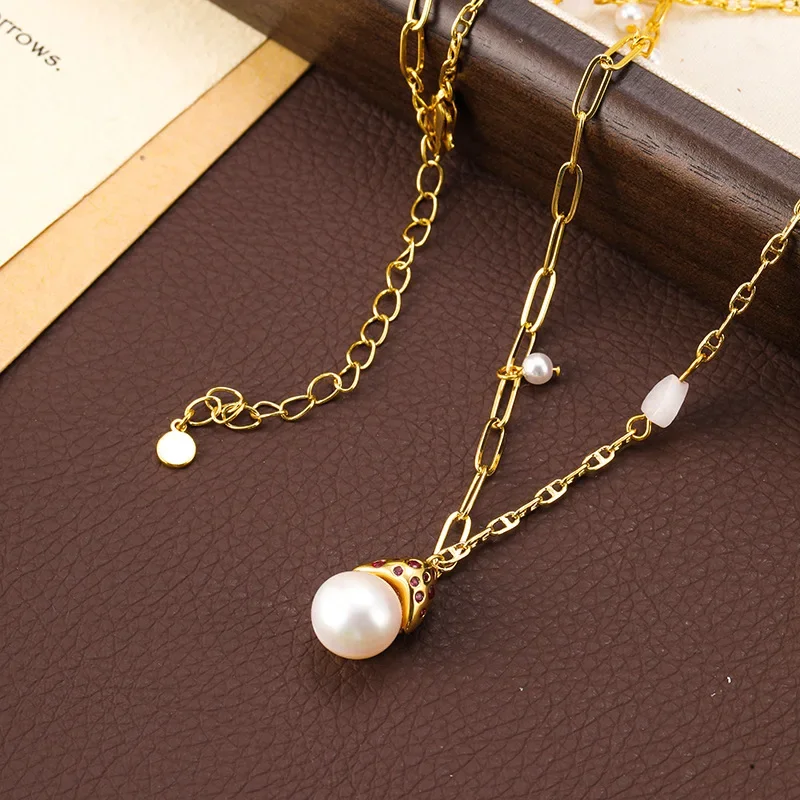 

Commuter mushroom shape exquisite small zirconium freshwater pearl splicing fashion necklace