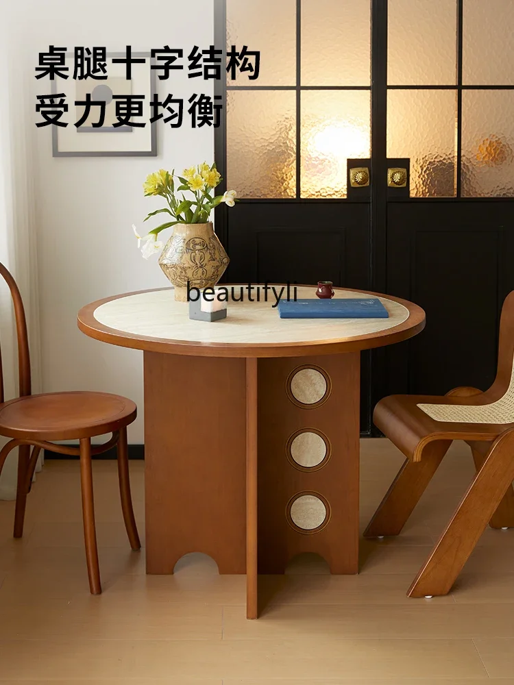 X Travertine Stone Round Table Vintage Style Solid Wood Home Round Dining Table Small Apartment