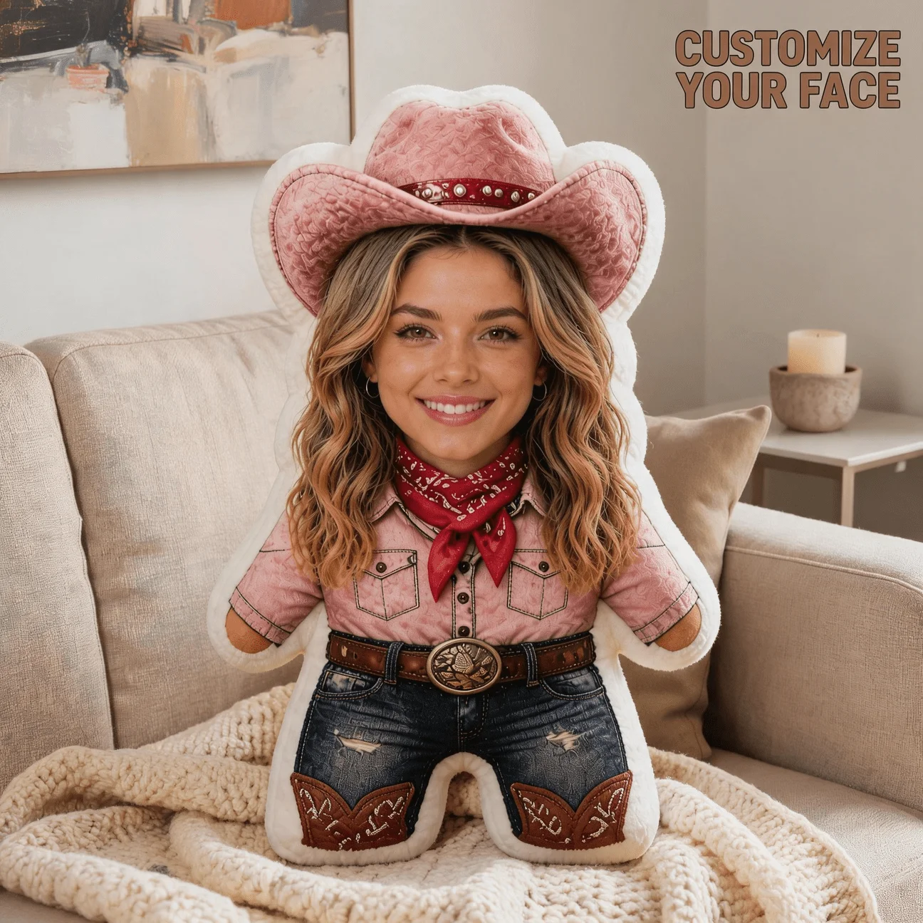 Personalized Photo Cowboy Shaped Pillow - Large Custom Face Picture Cushion with Hat & Bandana Design, Suitable for Sofa & Bed D
