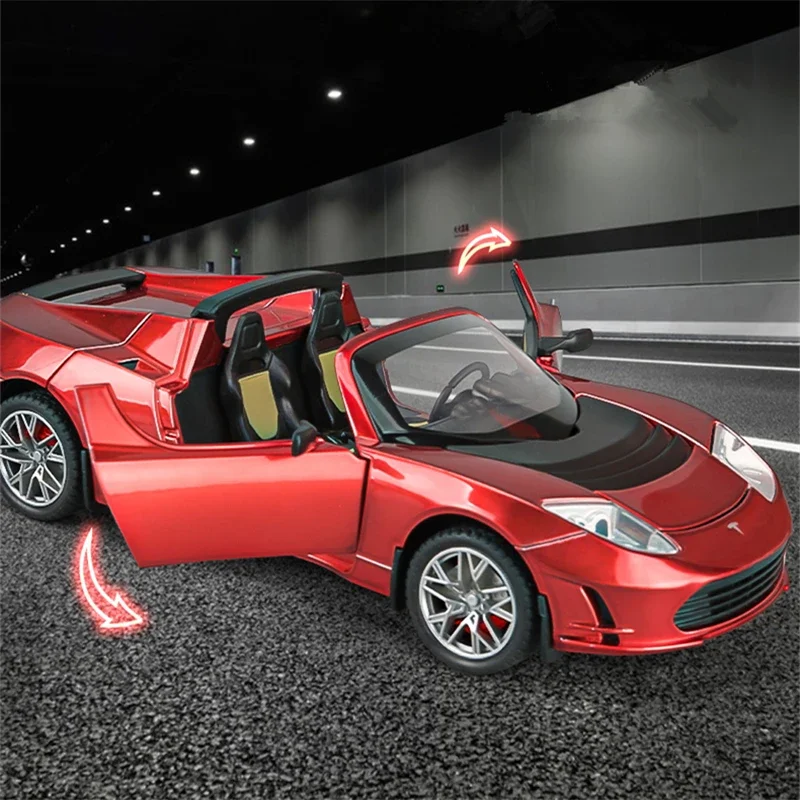 1:24 Tesla Roadster Alloy Sports Car Model Diecast Metal Toy Racing Car Model High Simulation Sound and Light Childrens Toy Gift