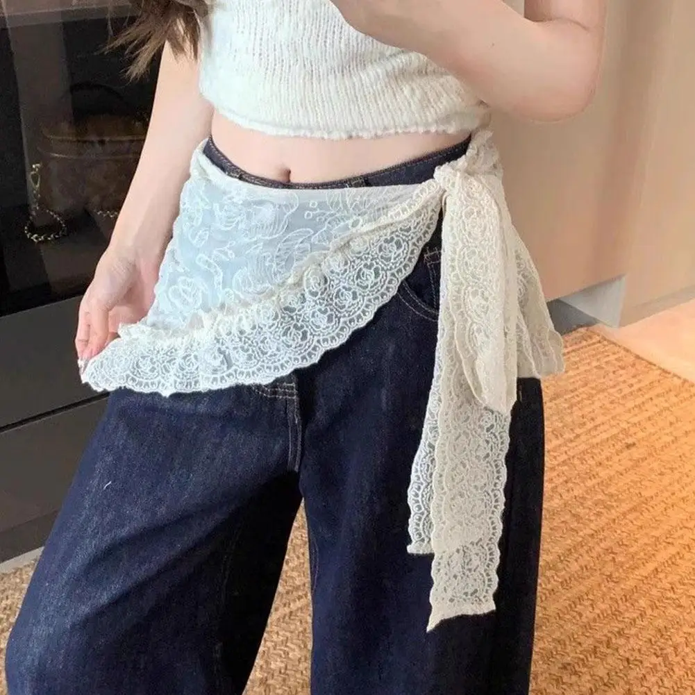 Sweet Vintage Lace Floral Triangle Scarf Belt Women Layering Skirt Overlay Ruffled Neckerchief Waist Accessories - view 2