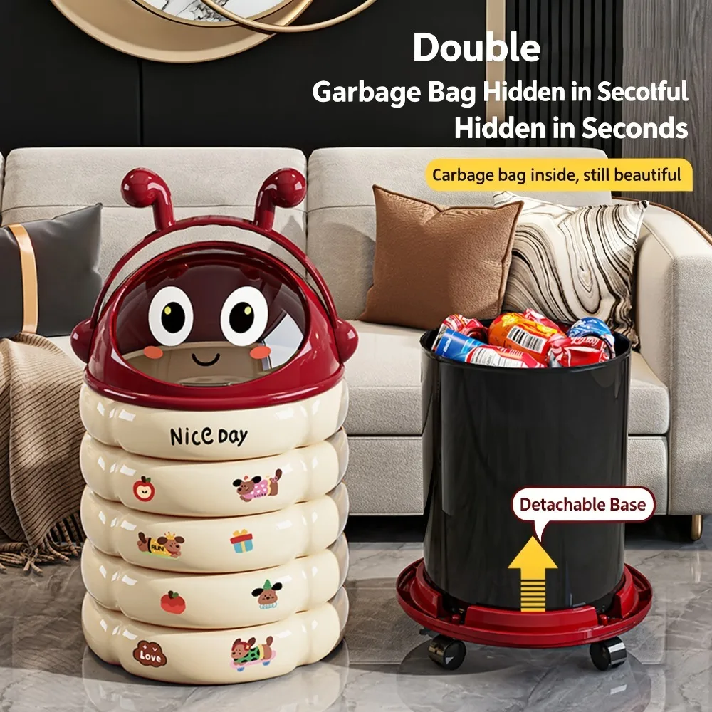 Caterpillar Kitchen Trash Can Compost Bin with Wheels Odorless Plastic Cute Lid Handle Indoor Bedroom Living Room Home Decor