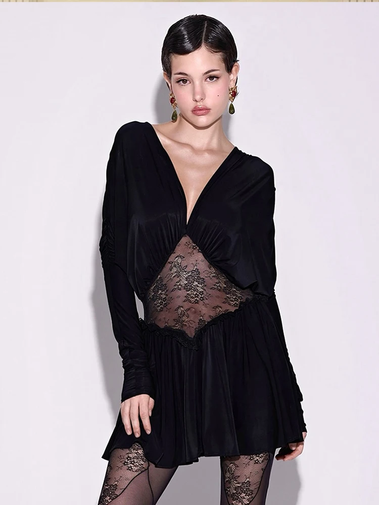 Kliou Mesh Patchwork Mini Dress Woman Autumn Trend V-Neck Full Sleeve Hot Girls Midnight Birthday Party Ruched Elegant Bodycon