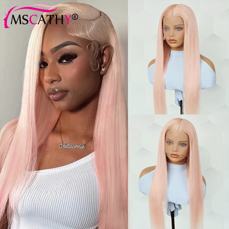 

180%Density Highlight Light Pink Wig 13X4 HD Blonde Colored Lace Front Human Hair Wigs For Women Daily Party Cosplay Use Wig
