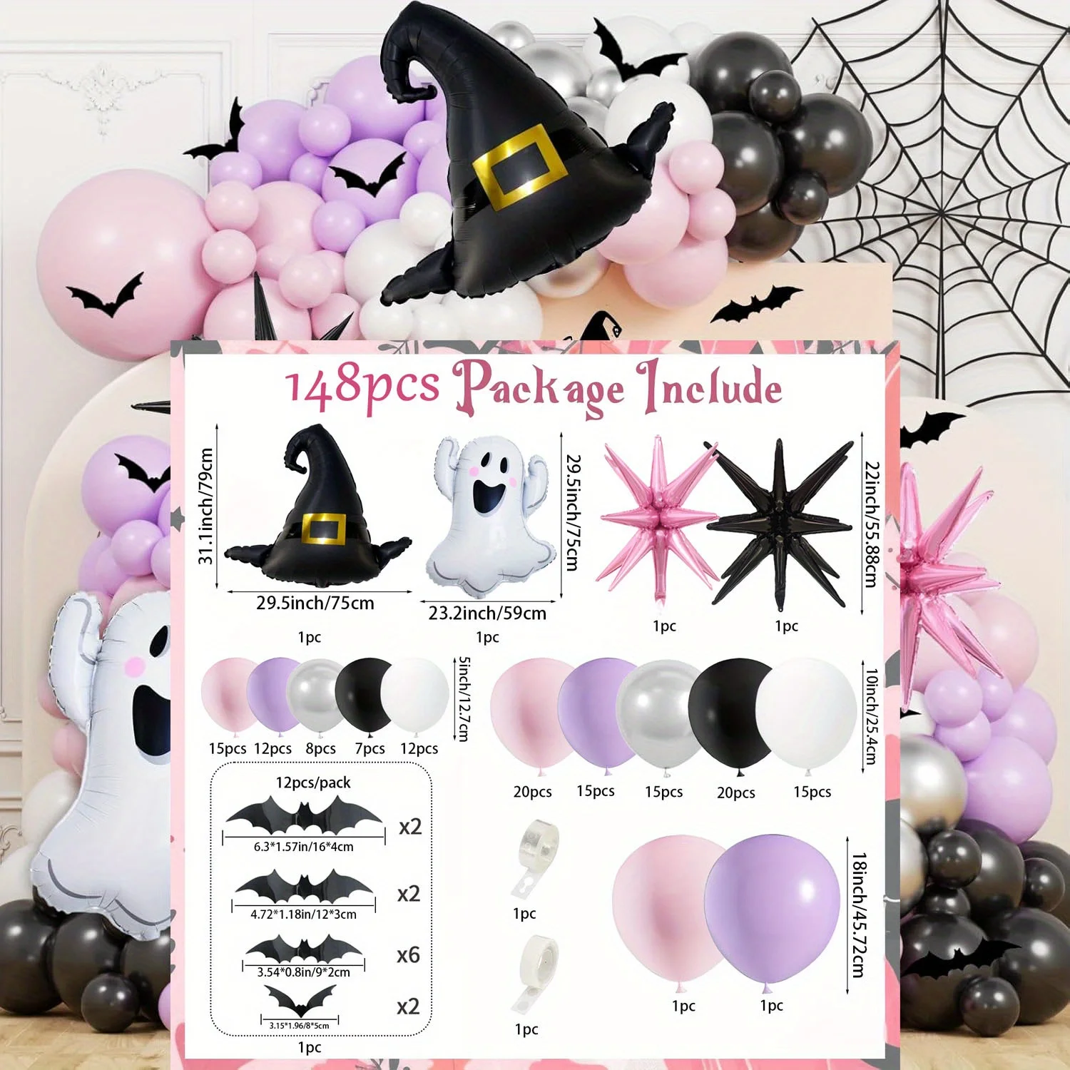 مجموعة مكونة من 148 قطعة من بالونات الهالوين باللون الوردي والأرجواني لتزيين الهالوين الحلو والرائع وأنشطة الهالوين #3