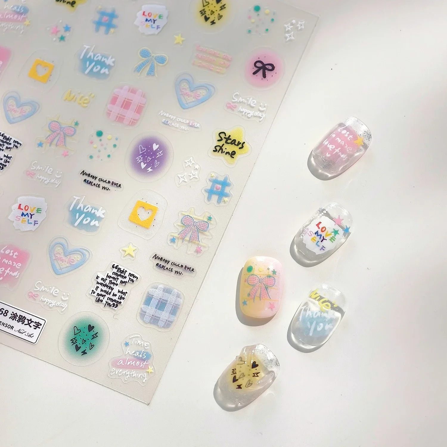 الفضة الملونة الكتابة على الجدران نجوم ارتفع Bowknot الحب النص خطوط 5D تنقش ذاتية اللصق مسمار الفن ملصقات جميلة ثلاثية الأبعاد مانيكير الشارات