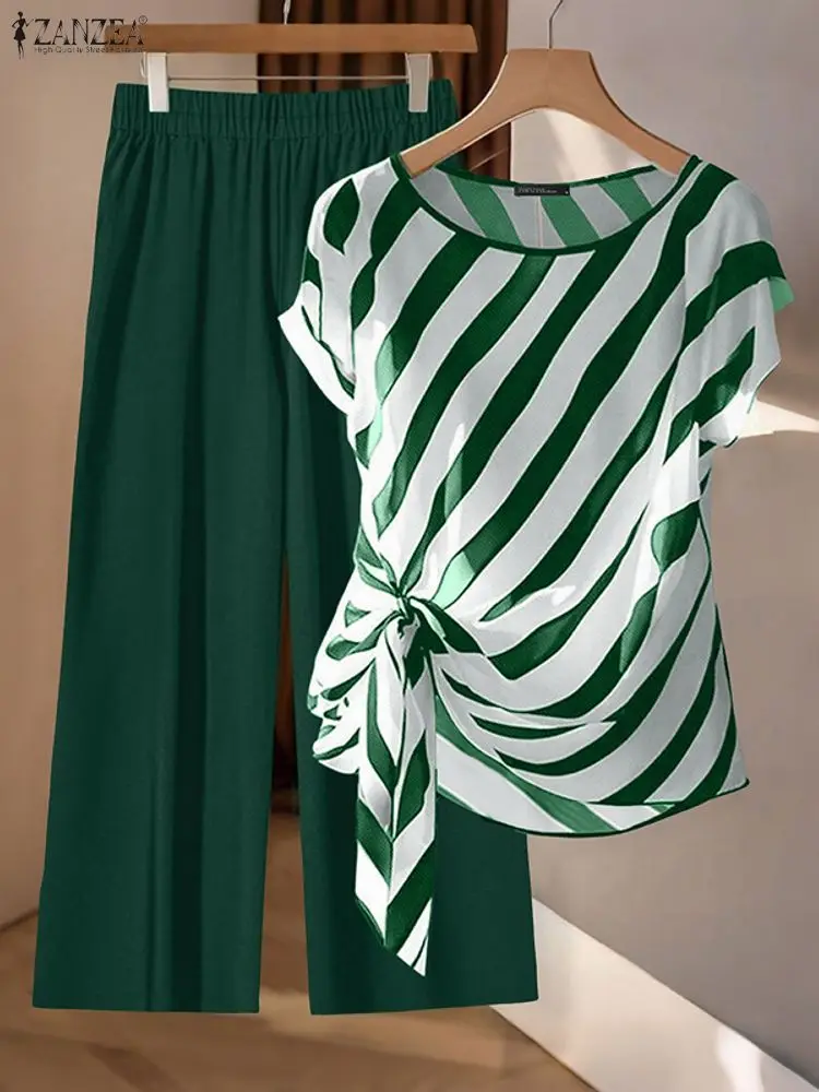 ZANZEA أزياء النساء 2 قطعة ملابس الصيف قصيرة الأكمام مخطط القمم مرونة الخصر بنطال ذو قصة أرجل واسعة عارضة بانت مجموعات أنيقة 2 قطعة #5