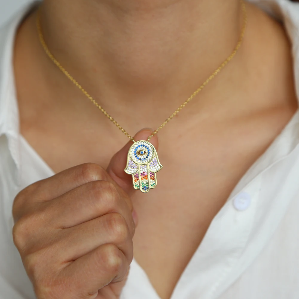 fashion gold color jewelry lucky rainbow Hamsa hand Fatima's hand pendant necklace for women
