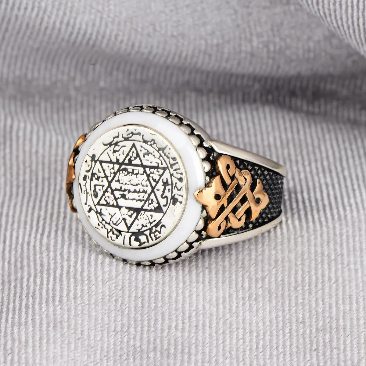 Men Silver Ring , Silver Seal Of Solomon Ring , Seramic Stone Ring , King Solomon Ring , 925k Sterling Handmade Silver Ring