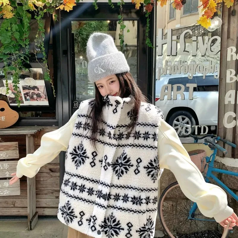 Fair Isle Style Women Fleece Vest Stand Collar Button Thick Cotton Lined Lamb Wool Waistcoat Casual Layering Outerwear S-XXL