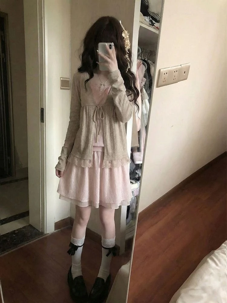 

French Style Vintage Lace Up Patchwork Set Women Sweet Fake Two-piece Long Sleeve Top + Skirt Suit Casual Clothes Summer 2026