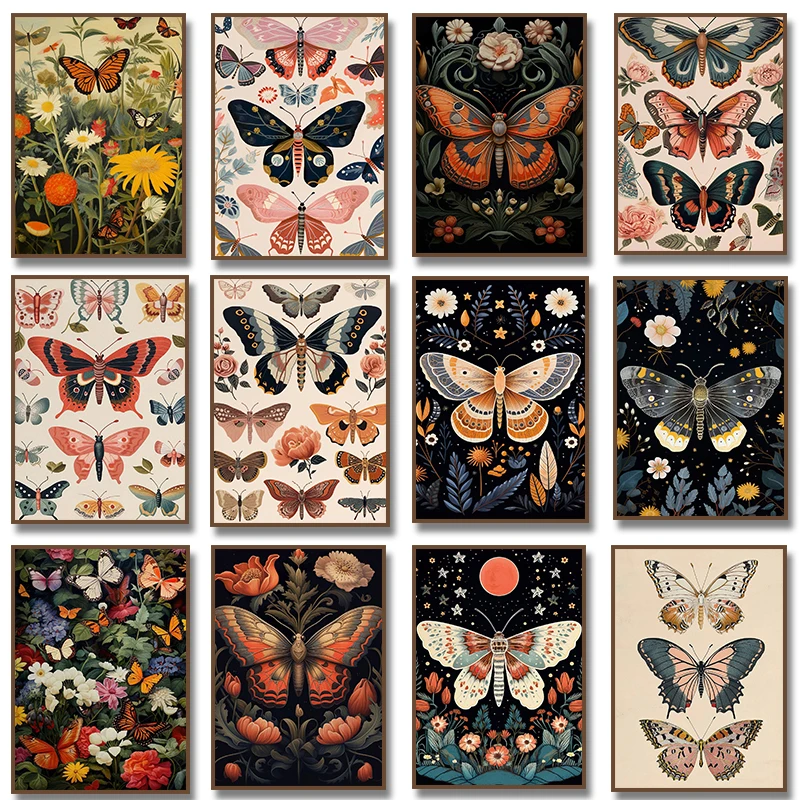 Póster Boho Floral Dark Academia con Mariposa Azul y Negra, Pintura en Lienzo, Arte Botánico para Pared, Cuadros Decorativos para el Hogar