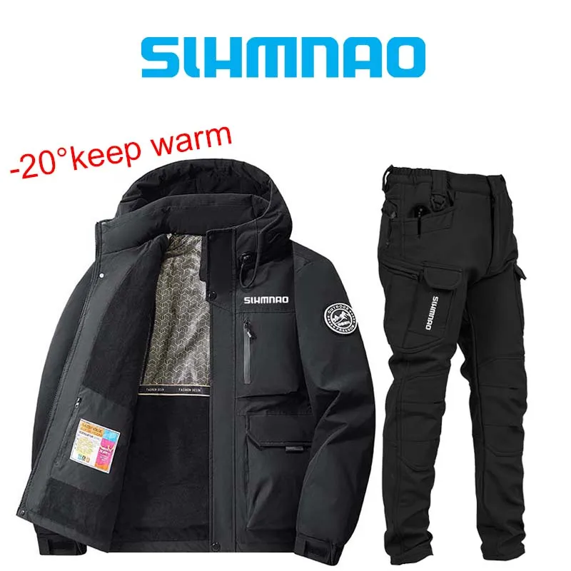 Conjunto de traje de pesca cálido para hombre, ropa de trabajo con capucha, Chaqueta de algodón resistente al frío, pantalones de algodón cálidos para acampar al aire libre, invierno 2025
