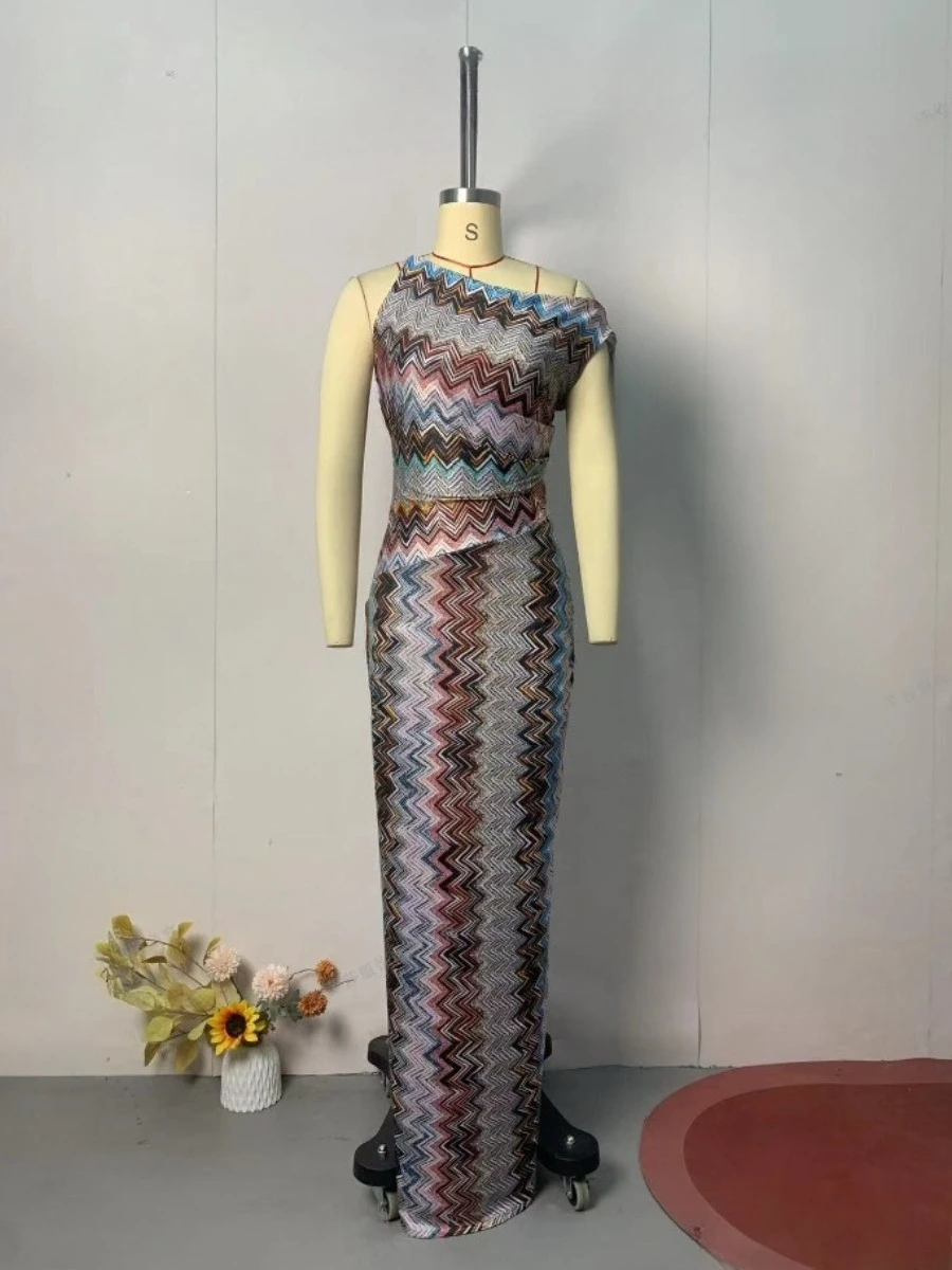 VGH Striped Slimming Bodycon Dresses for Women Diagonal Collar Off One Shoulder High Waist Spliced Zipper Party Dress Female New