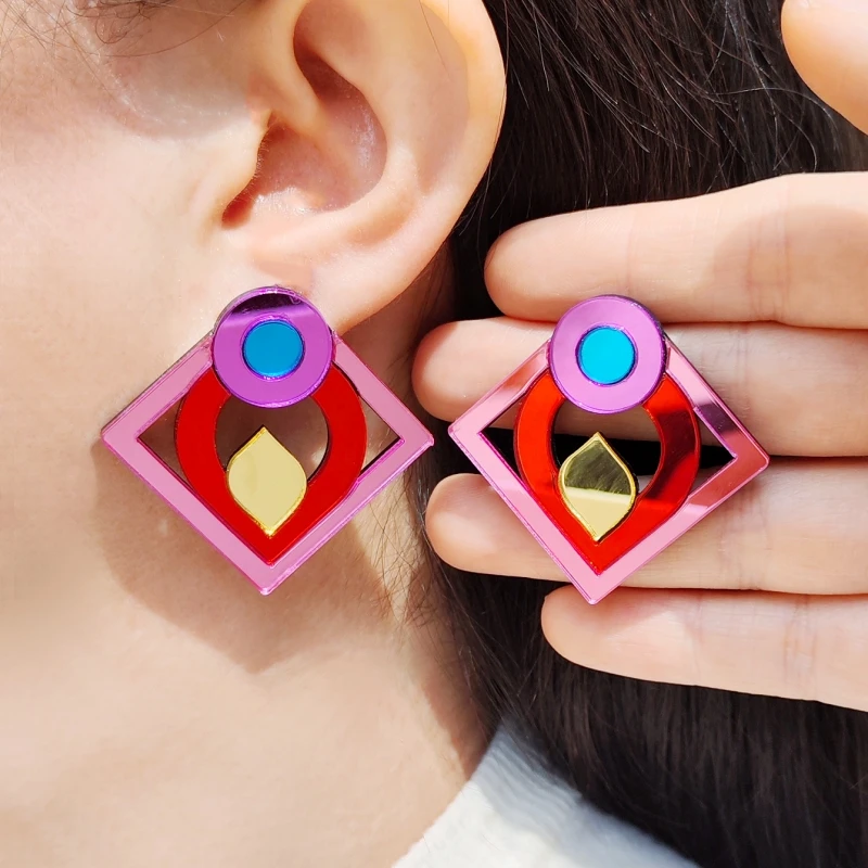 KUGUYS Vintage Retro Earrings for Women Mirror Acrylic Square Candle Flame Lightweight Jewelry Fashion Accessories