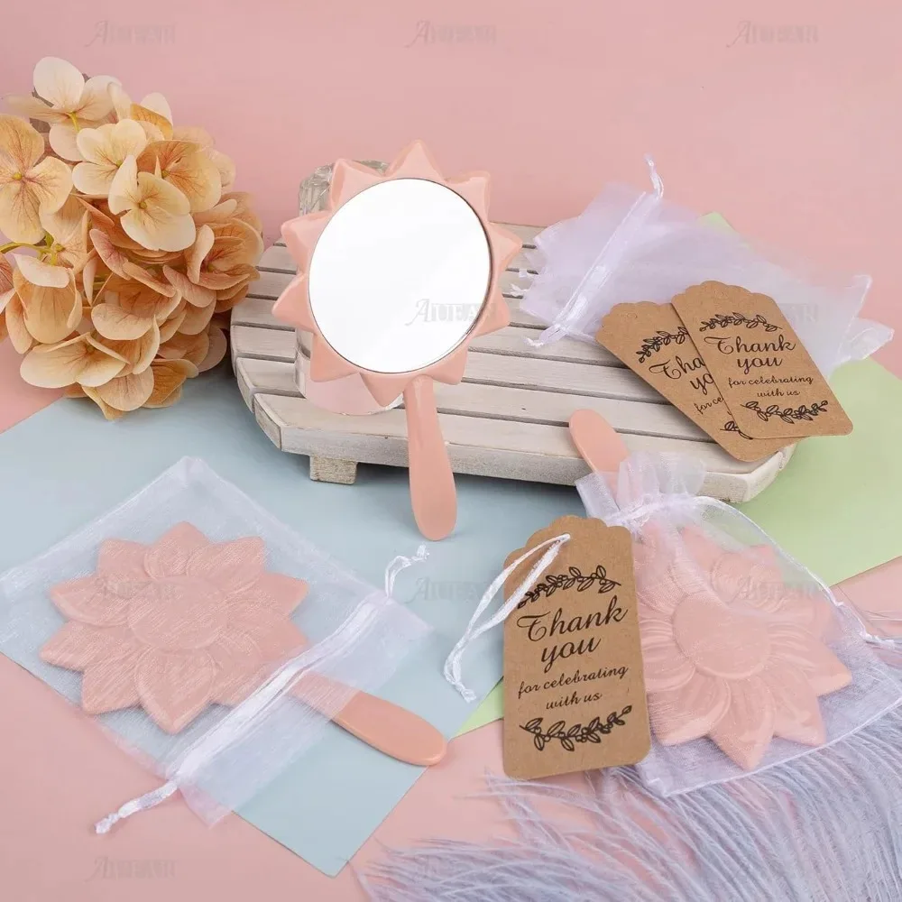 10/30 Sets Mini-Sonnenblumen-Kompaktspiegel mit Dankesanhängern und Organzabeuteln für Hochzeitsgeschenke