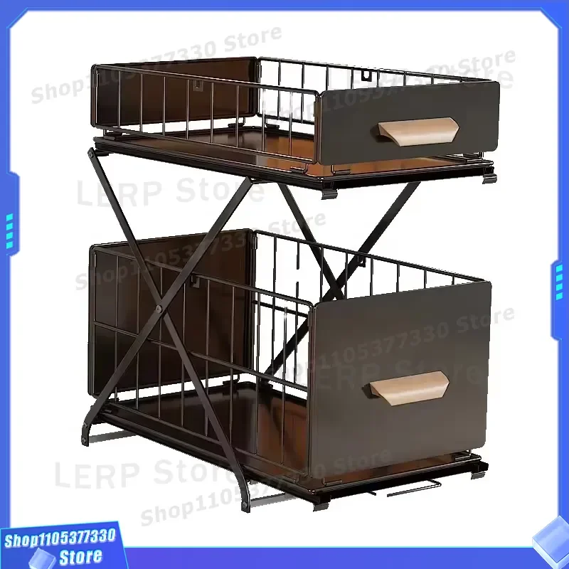 Double Layer Metal Spice Rack with Wooden Handle Push Pull Kitchen Sink Organizer Multifunctional Storage Shelf No