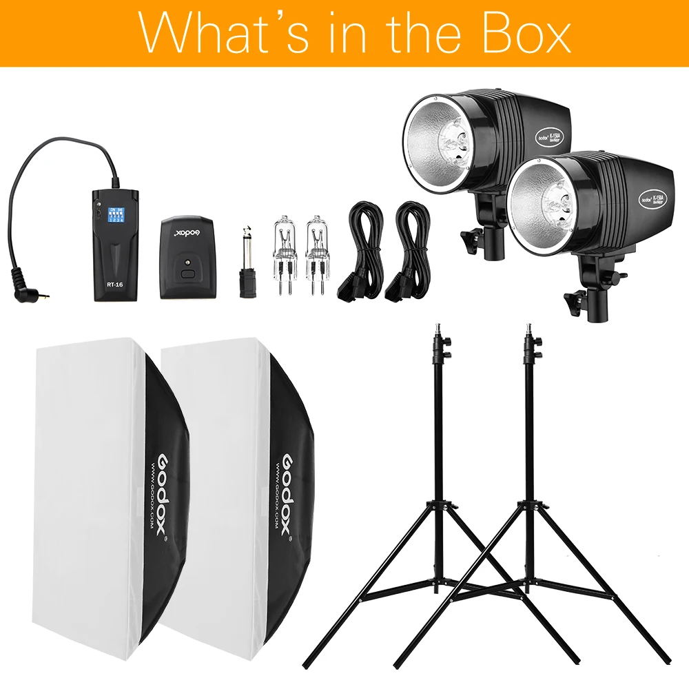 Godox 2x K-150A 150Ws Studio Strobe Flash Light + RT-16 Trigger + 2x 50x70cm Softbox + 2x 190cm Light Stand Kit