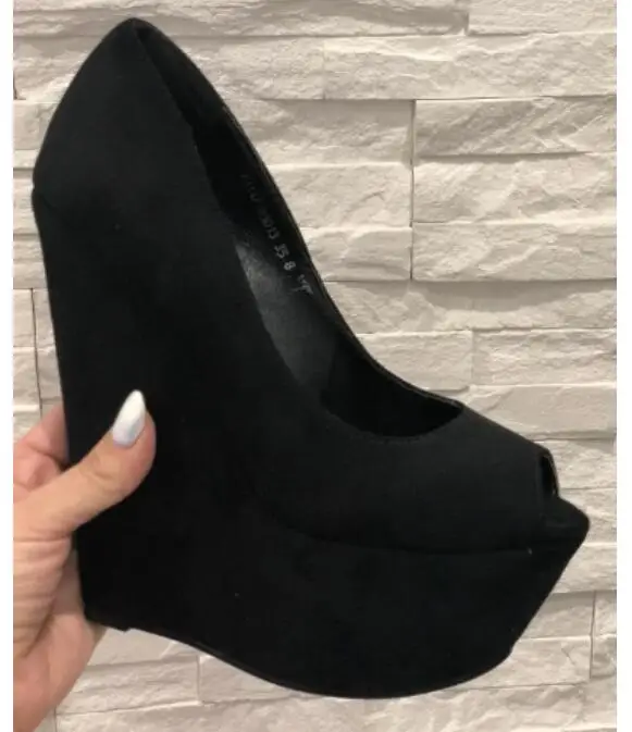 

Carpaton Black Suede Peep Toe Wedge Shoes Women Sexy Platform Pumps 2024 Super High Night Club Wearing Shoes