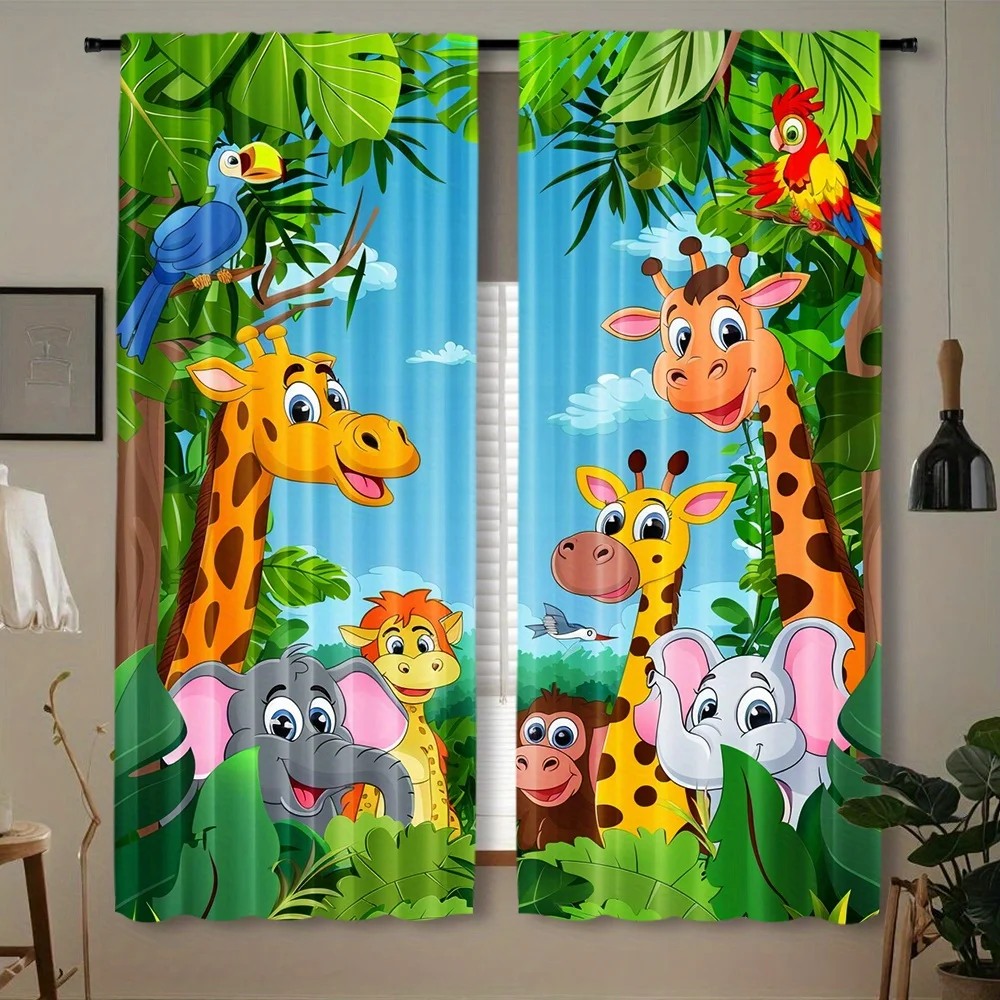 Cartoon Jungle Animal Curtain 2 Panels Giraffe Elephant Parrot Monkey Green Leaf Master Bedroom Curtain Cute Kids Home Decor