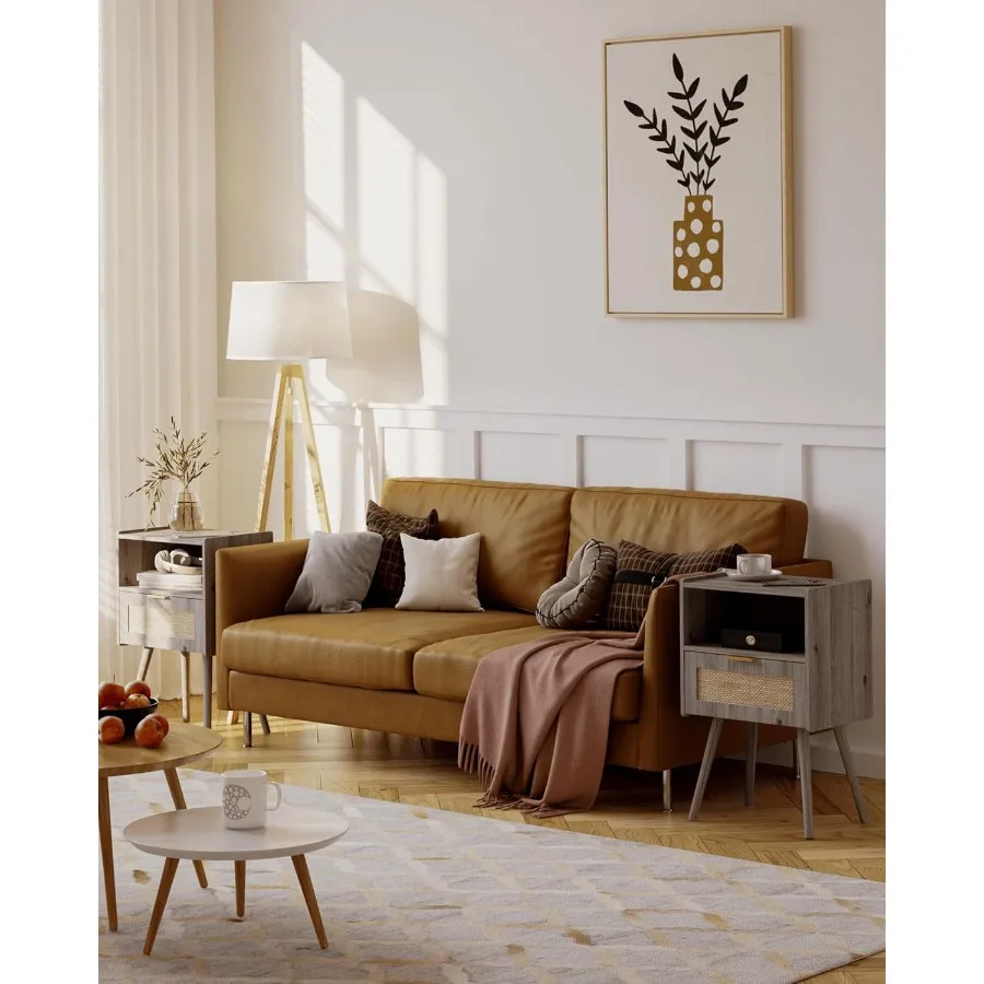 Mesita de noche moderna de ratán con cajón de almacenamiento y estante de madera abierto para dormitorio, sala de estar y espacios pequeños, muebles elegantes con acento