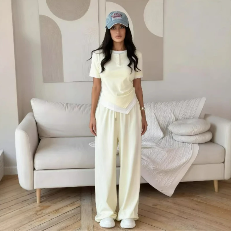 

Sexy Casual Two-piece Set Spring 2026 New Fashion Solid Color Long-sleeved Fake Two-piece T-shirt and Long Pants Set for Women