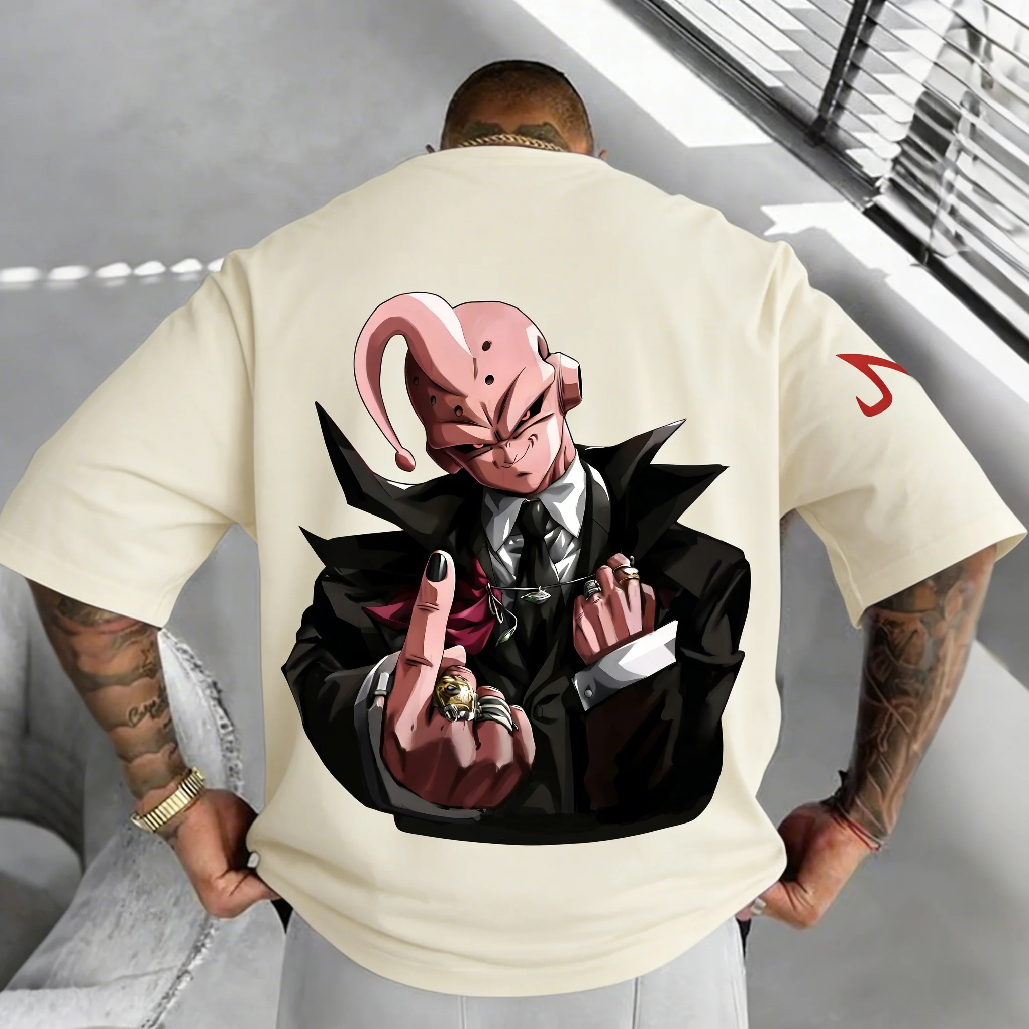 Dragon Ball Z Villain Buou Style Men's Gangster Style T-shirt 100% Cotton Material Summer Casual Clothing Black Pattern Set