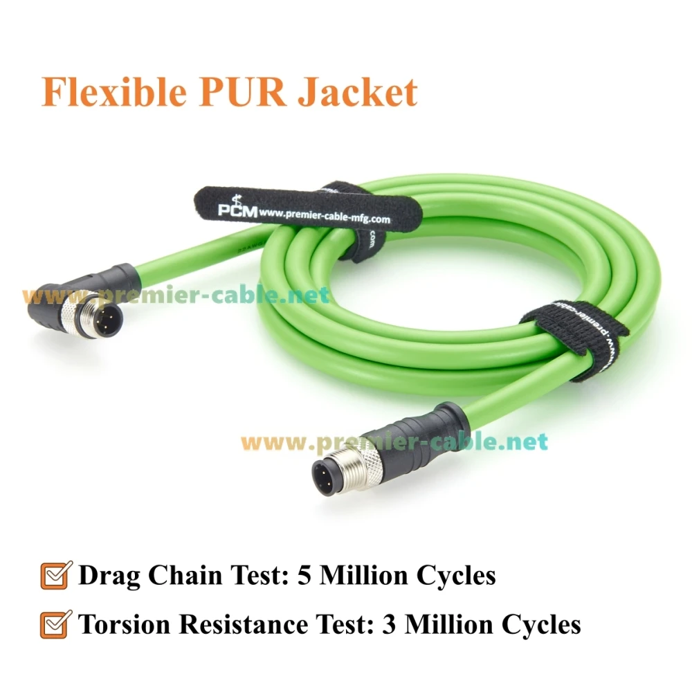 IP67 Right Angle M12 D-Coded 4 Pin Male to Male Industrial Ethernet Cable 100Mbps CAT5e Drag Chain Cable IP67 for PROFINET, PLC